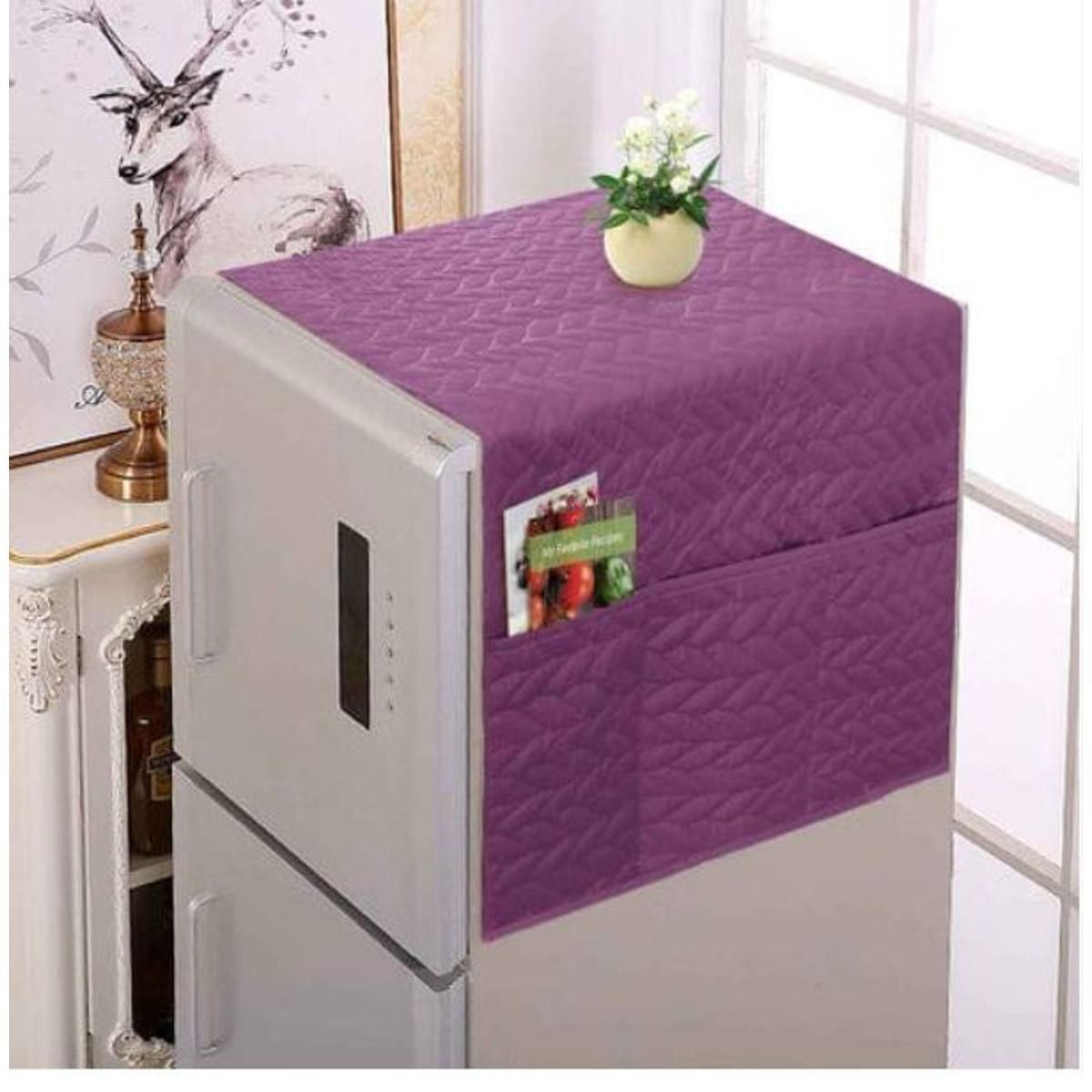 Quilted Plain Refrigerator Cover – Dustproof Fridge Top Protector (random color) view 4