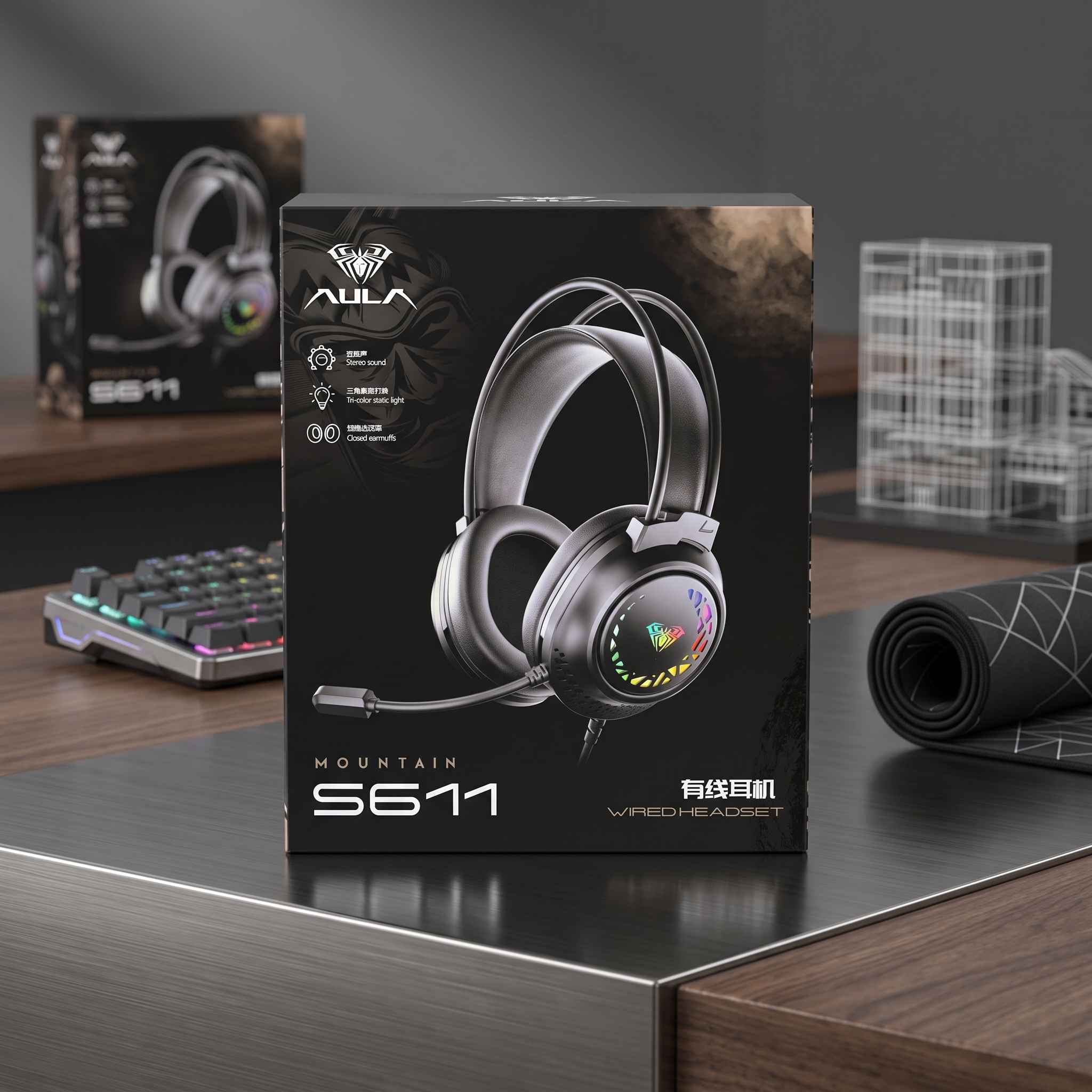 AULA S611 Wired Gaming Headset featuring immersive stereo sound, tri-color static LED lighting view 2