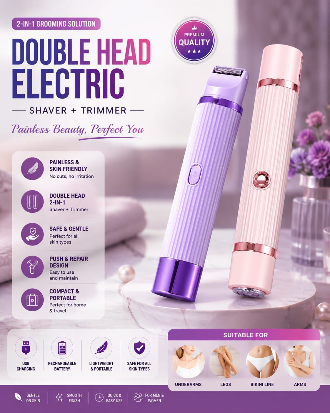 2-in-1 Dual Head Shaver & Electric Trimmer for Women - High Quality view 2