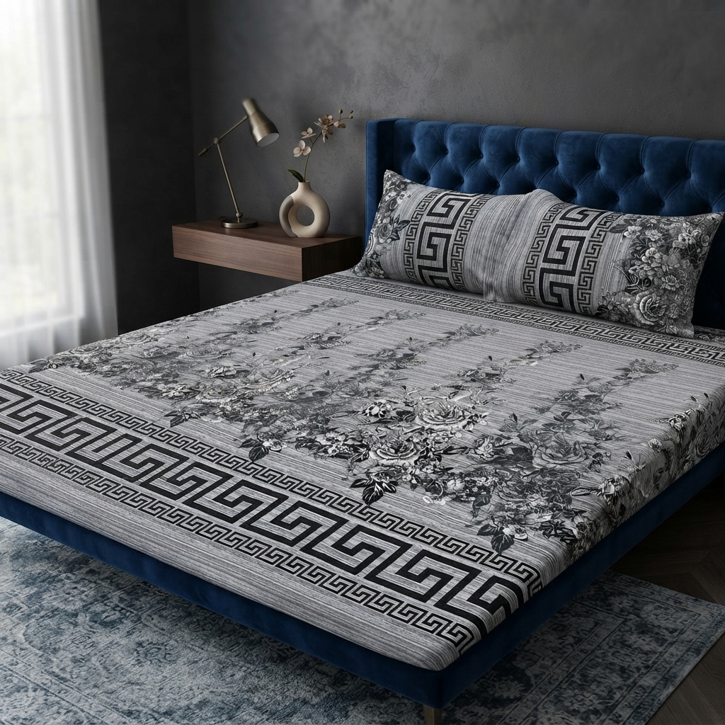 3D Crystal Cotton 3 Piece Bedsheet Set Premium Fabric Lifetime Guarantee Includes Bedsheet And Pipping Pillow Covers
