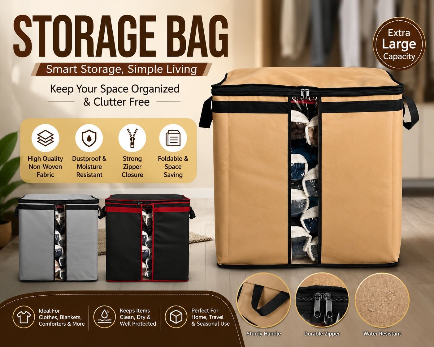 Heavy-Duty 110GSM Storage Bag – Foldable Closet Organizer for Clothes, Quilts & Blankets