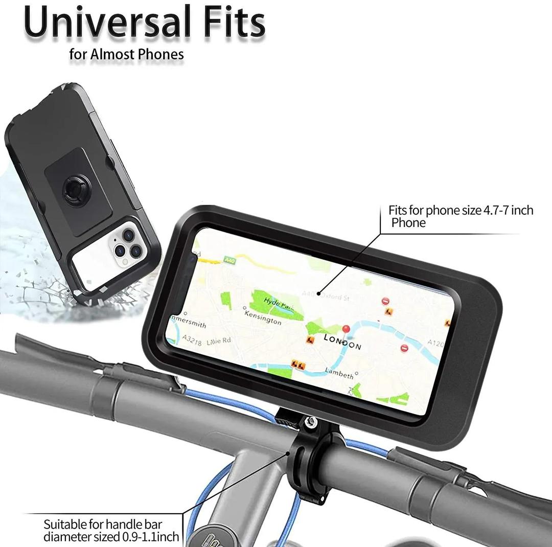 Waterproof Bike Phone Mount - 360° Rotatable Motorcycle & Bicycle Mobile Holder - Adjustable Touch Screen Handlebar Phone Support for All Bikes