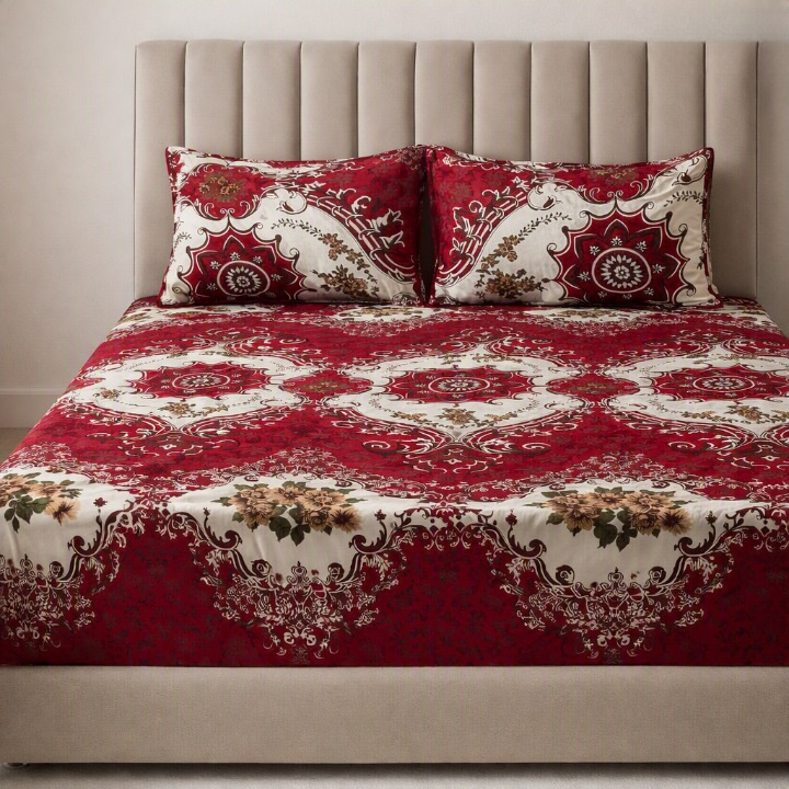 3D Crystal Cotton 3-Piece Bedsheet Set – Premium Printed Double Bed Sheet with 2 Pipping Pillow Covers, Soft & Durable Multicoloured Bedding Set view 2