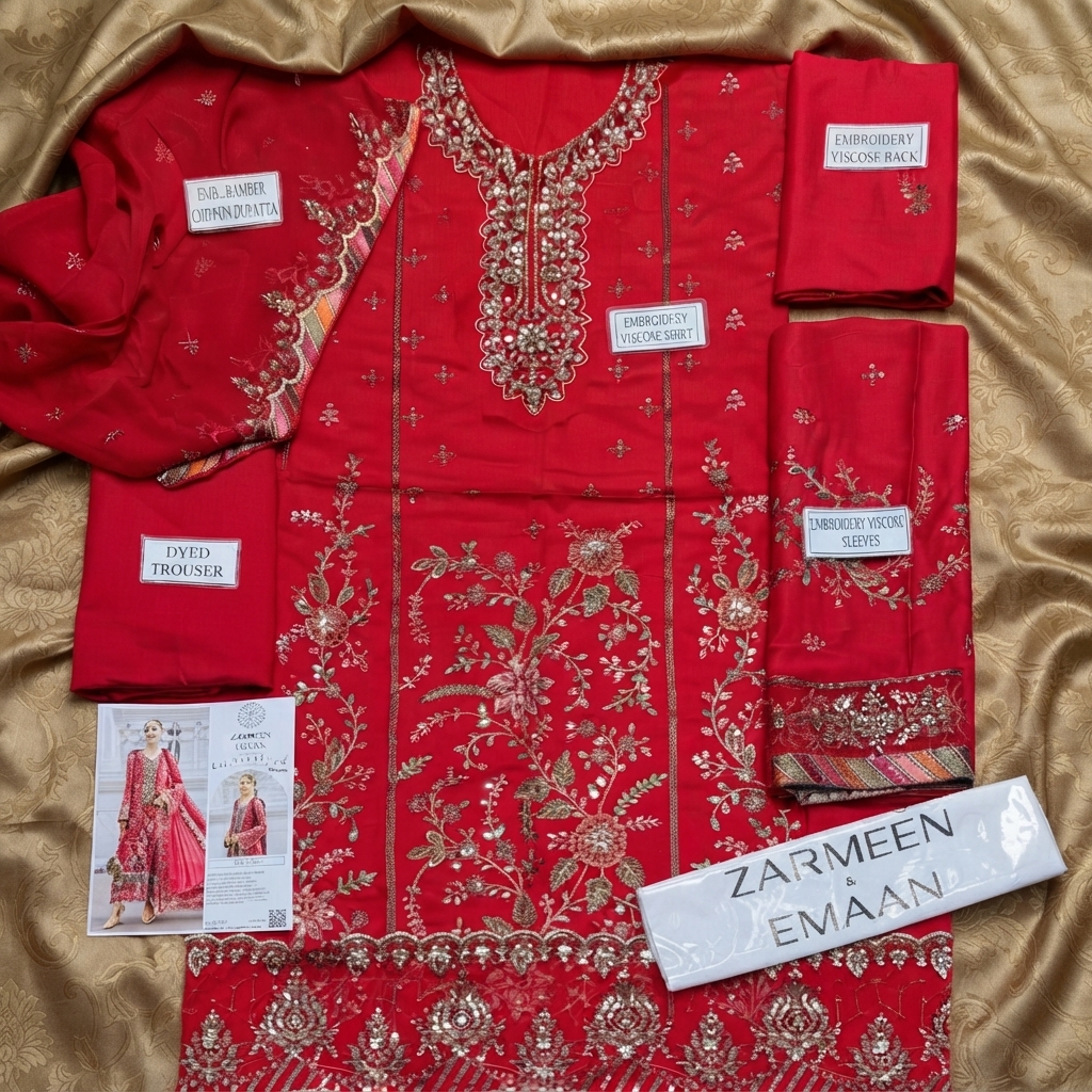 Zarmeen Emaan Luxury Embroidered Collection Shirt Front Back Sleeves Neckline Daman Patch Premium Viscose Trouser Pure Bamber Dupatta