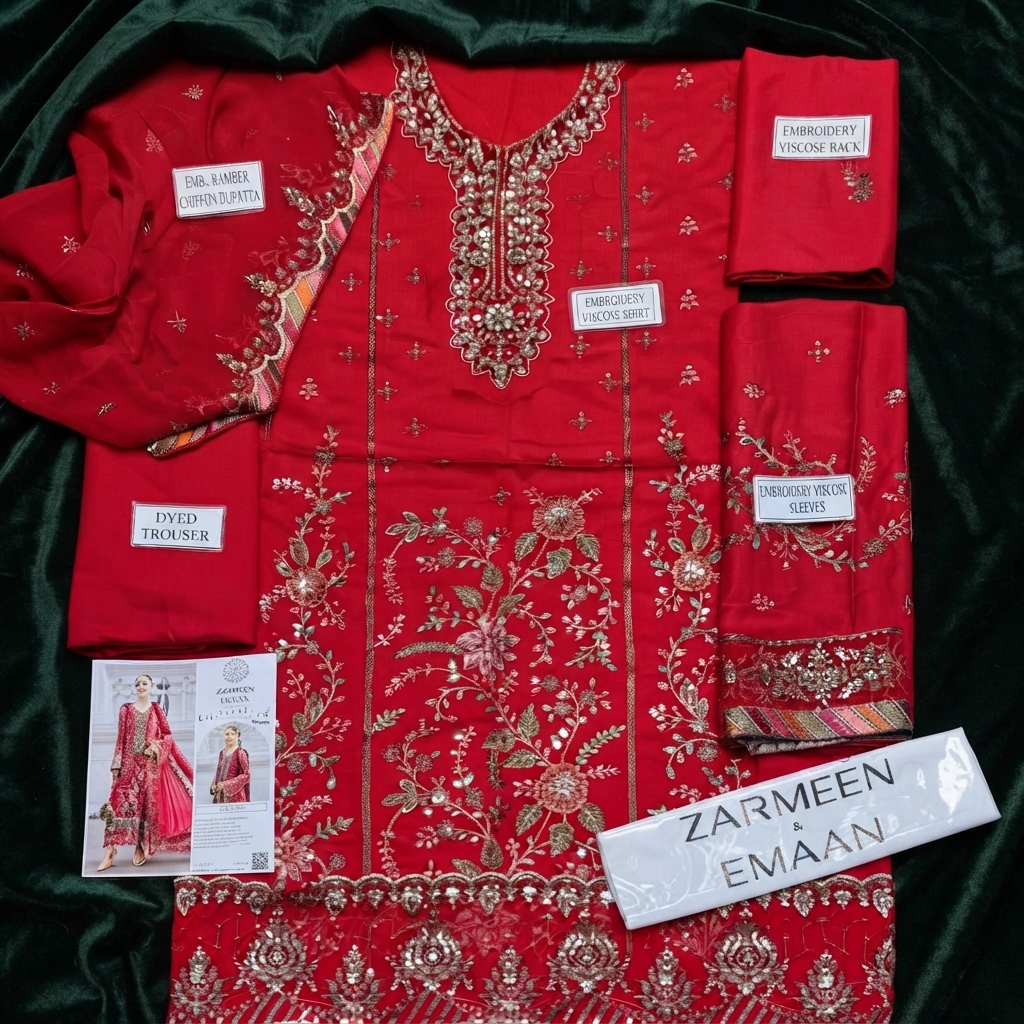 Zarmeen Emaan Luxury Embroidered Collection Shirt Front Back Sleeves Neckline Daman Patch Premium Viscose Trouser Pure Bamber Dupatta view 2