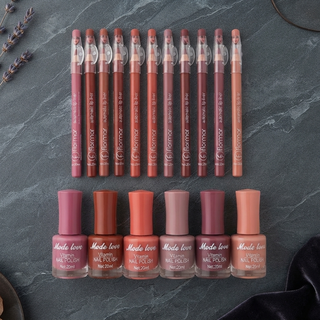 Nails Polish And Lip Pencils Combo Deal - Beauty Accessory Designed For Makeup Application And Daily Skincare Routine (12 Lip Pencils + 6 Nail Polishes)