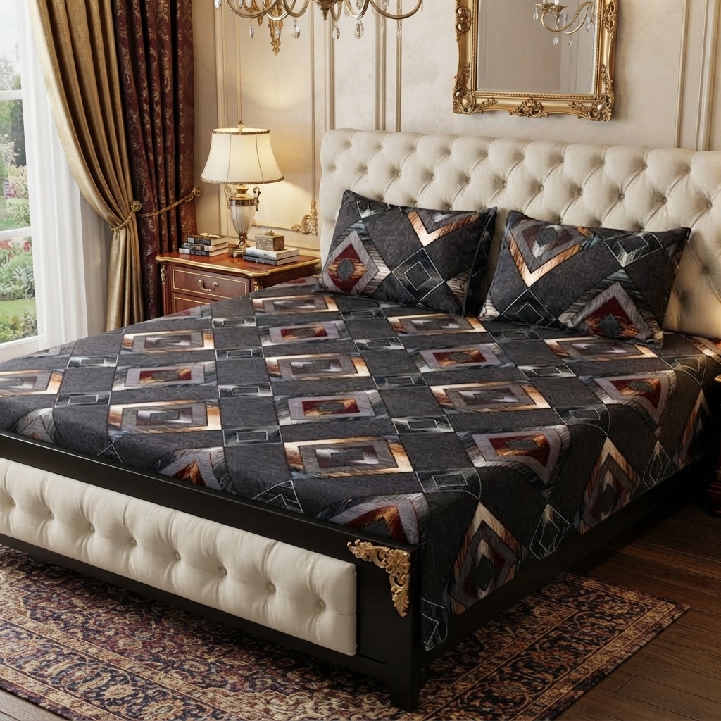 3D Crystal Cotton 3 Piece Bedsheet Set - Home Accessory Designed For Bedroom Comfort (AY0010058)