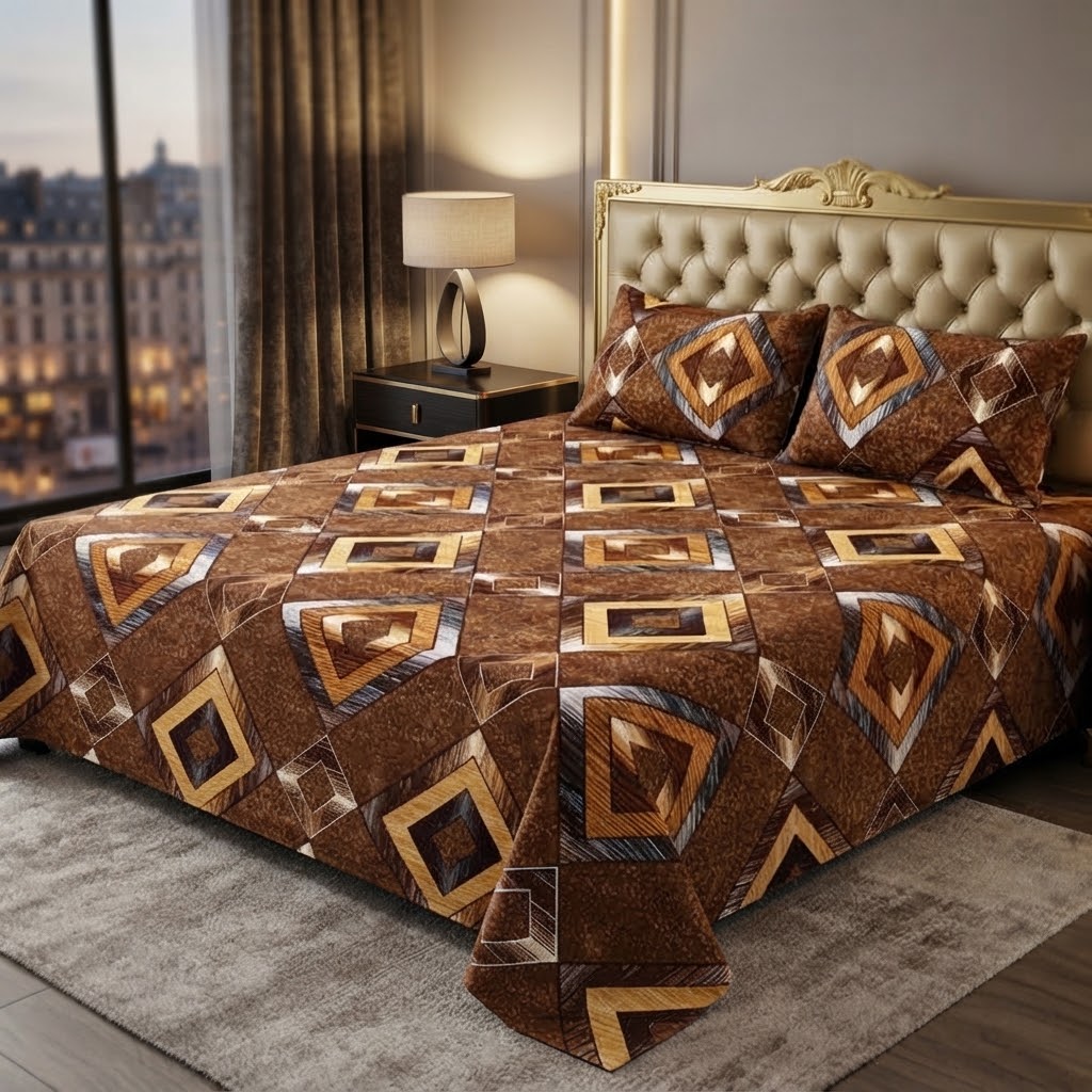 3D Crystal Cotton 3PC Bedsheet Set With Multicoloured Geometric Design And 2 Piping Pillow Covers view 2