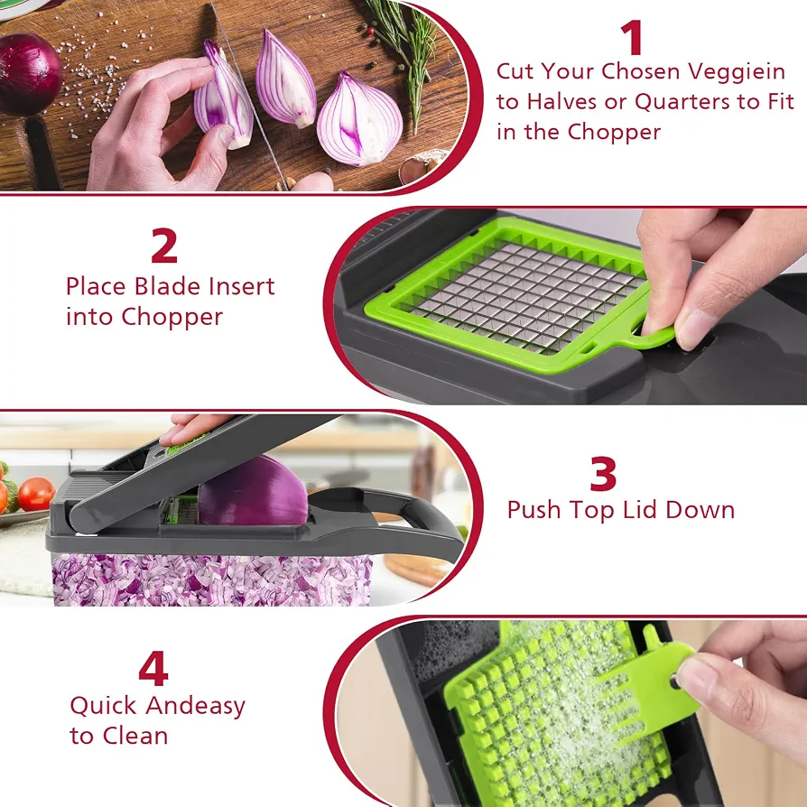 Vegetable Chopper 17 Pcs Set – Manual Onion Chopper, Food Slicer, Dicer, Grater & Potato Cutter with Handle – Multi-Function Kitchen Tool view 3
