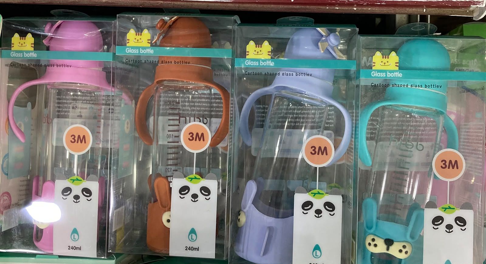 Premium 240ml Baby Feeder Glass Bottle with Handles | Anti-Colic Regular Nipple & Cute Cartoon Protective Silicone Sleeve | 4 Attractive Colors (3M+) view 2