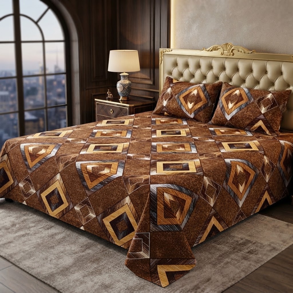 3D Crystal Cotton 3PC Bedsheet Set With Multicoloured Geometric Design And 2 Piping Pillow Covers view 3