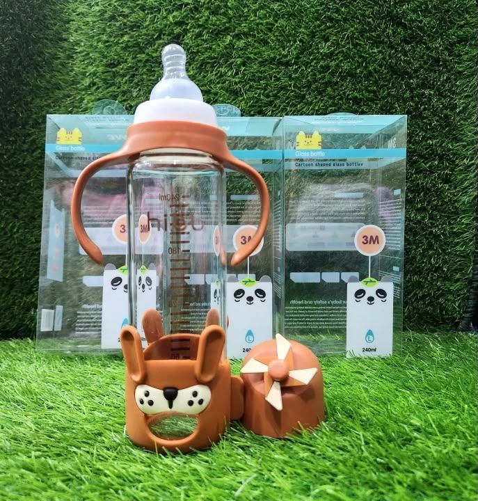 Premium 240ml Baby Feeder Glass Bottle with Handles | Anti-Colic Regular Nipple & Cute Cartoon Protective Silicone Sleeve | 4 Attractive Colors (3M+)