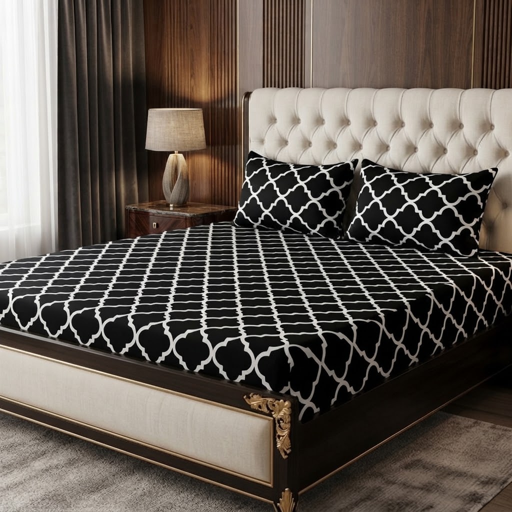 3D Crystal Cotton 3PC Bedsheet Set With 1 Bedsheet And 2 Piping Pillow Covers Multicoloured Design view 3