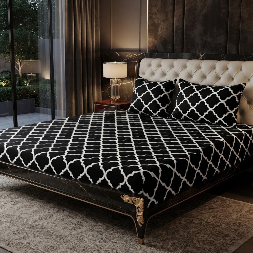 3D Crystal Cotton 3PC Bedsheet Set With 1 Bedsheet And 2 Piping Pillow Covers Multicoloured Design view 2
