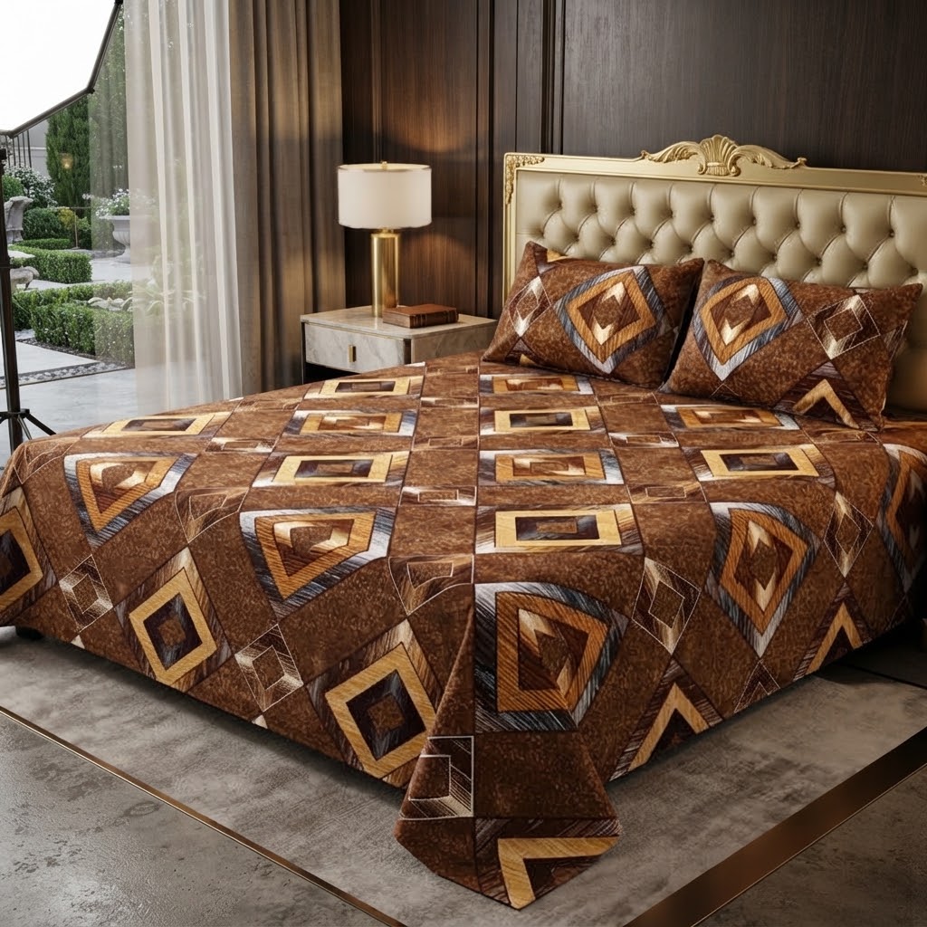 3D Crystal Cotton 3PC Bedsheet Set With Multicoloured Geometric Design And 2 Piping Pillow Covers
