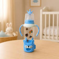 Premium 240ml Baby Feeder Glass Bottle with Handles | Anti-Colic Regular Nipple & Cute Cartoon Protective Silicone Sleeve | 4 Attractive Colors (3M+) - Buy Online in Pakistan at Zenbu Store