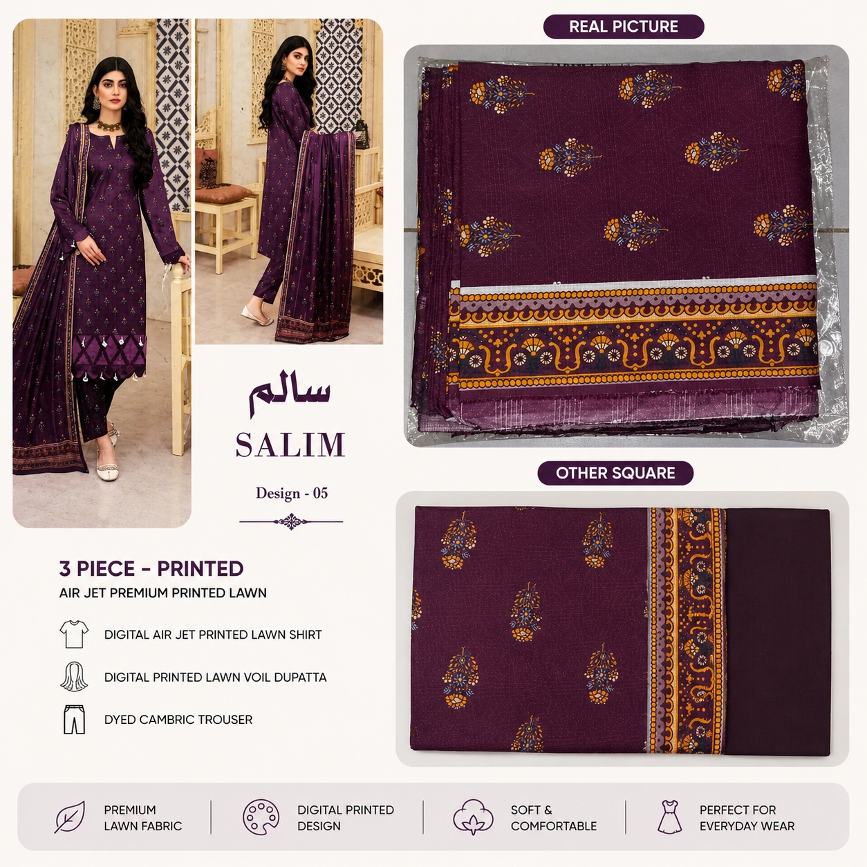 SALIM Design-05 3 Piece Printed Lawn Suit view 3