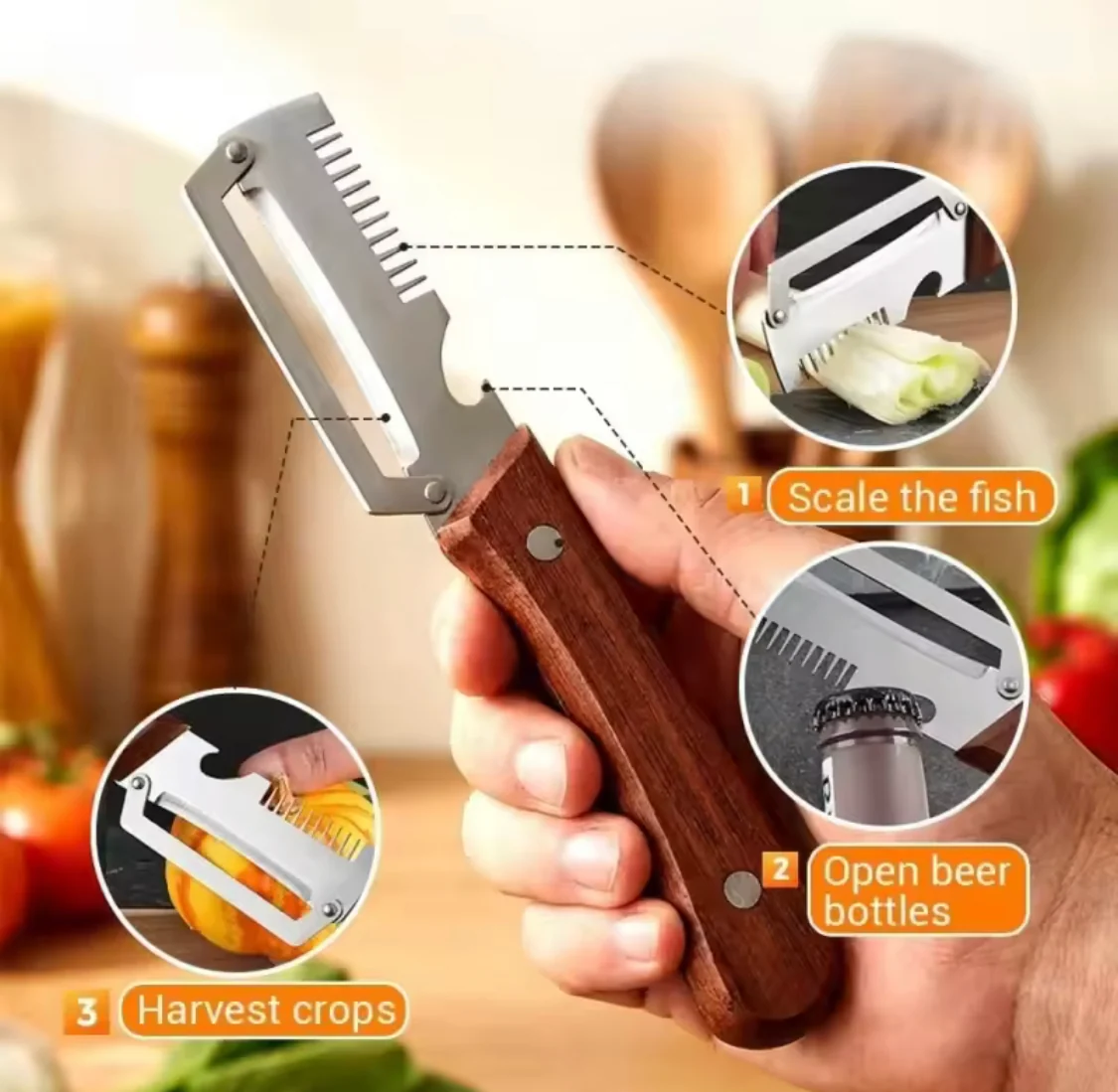 (Big Size) 3in1 Peeler Knife Stainless Steel | Multifunctional Fruit & Vegetable Peeler With Wooden Handle | Kitchen Vegetable Cutter Slicer Tool & Bottle Opener view 4