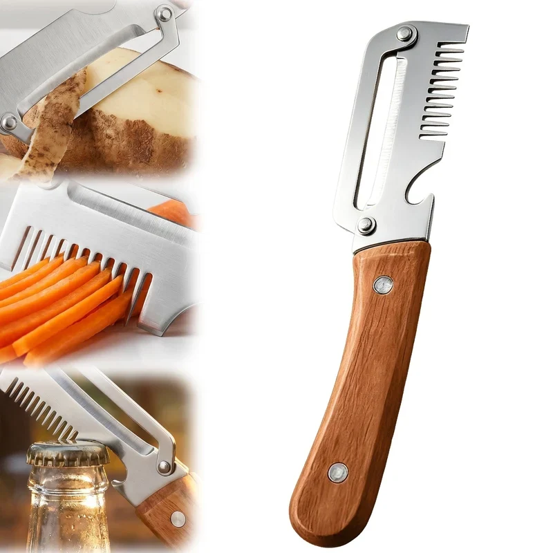 (Big Size) 3in1 Peeler Knife Stainless Steel | Multifunctional Fruit & Vegetable Peeler With Wooden Handle | Kitchen Vegetable Cutter Slicer Tool & Bottle Opener view 2