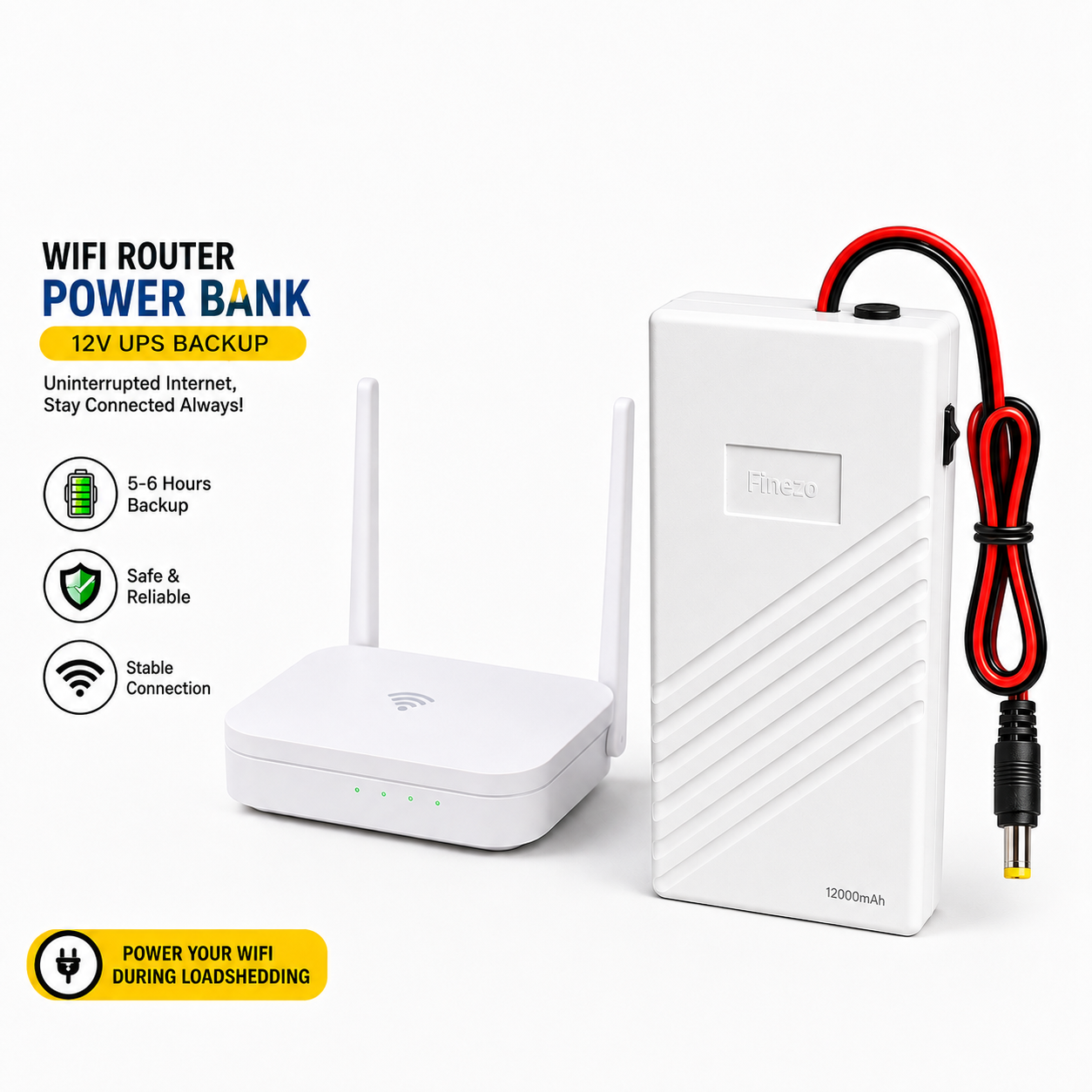 Finezo WiFi Power Bank 12000mAh – 1A, 1.5A & 2A Mini UPS for WiFi Devices – 5-6 Hours Backup – Portable Power Backup for WiFi During Load Shedding