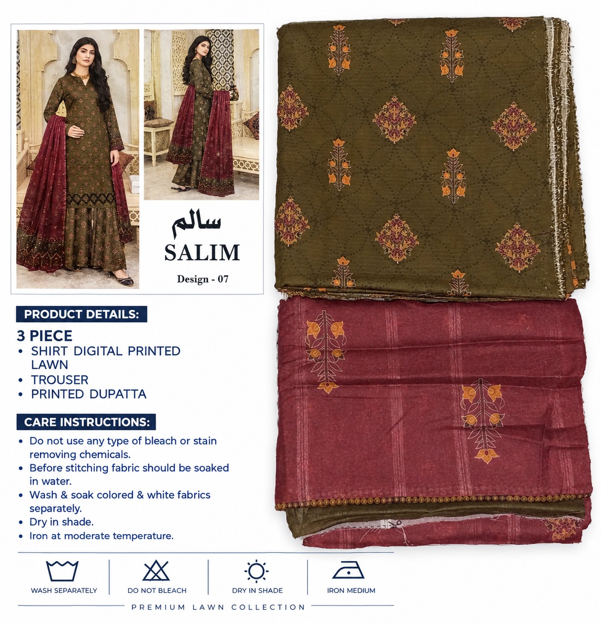 SALIM Design 07 – 3 Piece Printed Lawn Suit for Women view 3