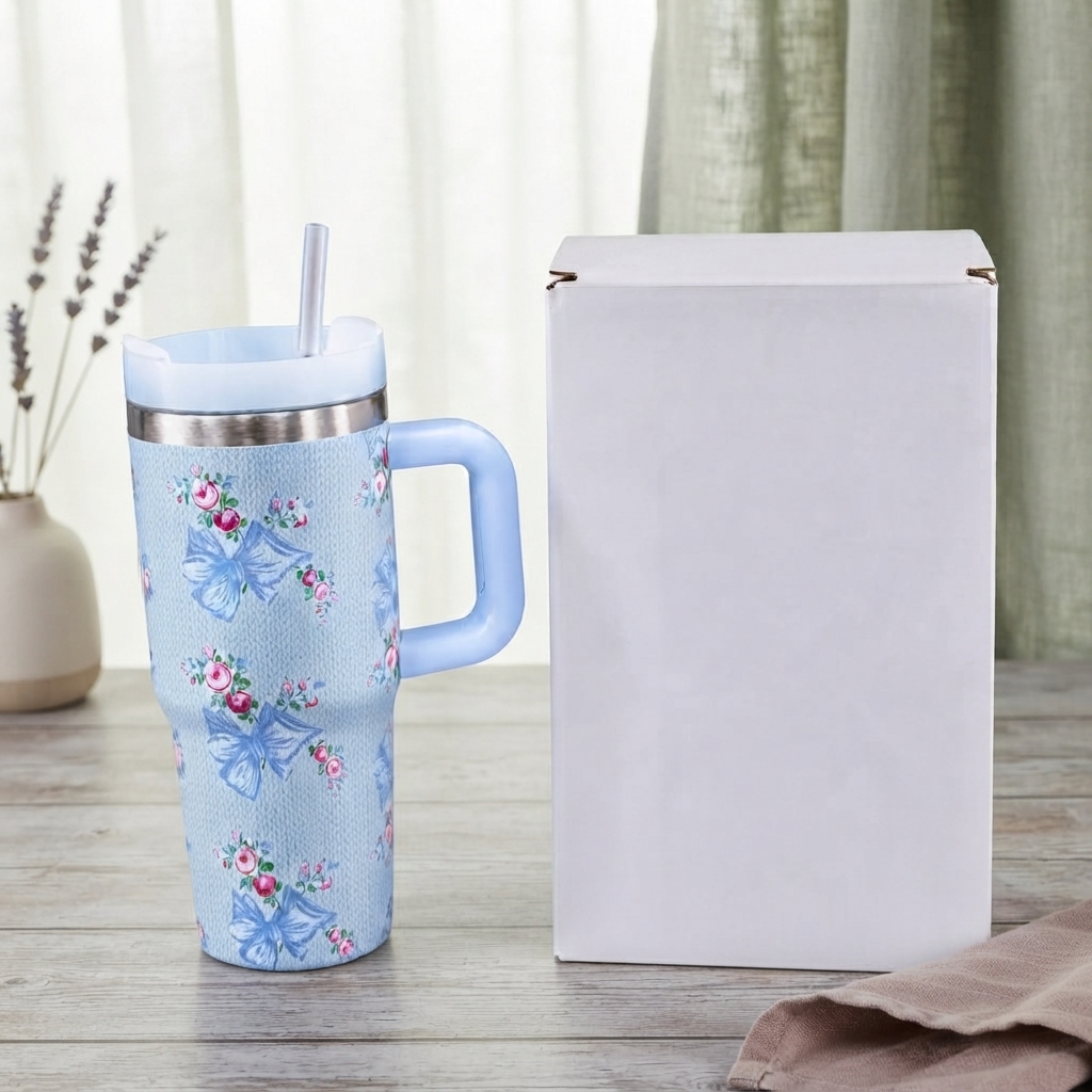 Blue Floral Print Insulated Travel Tumbler with Handle and Straw - Buy Online in Pakistan at Zenbu Store