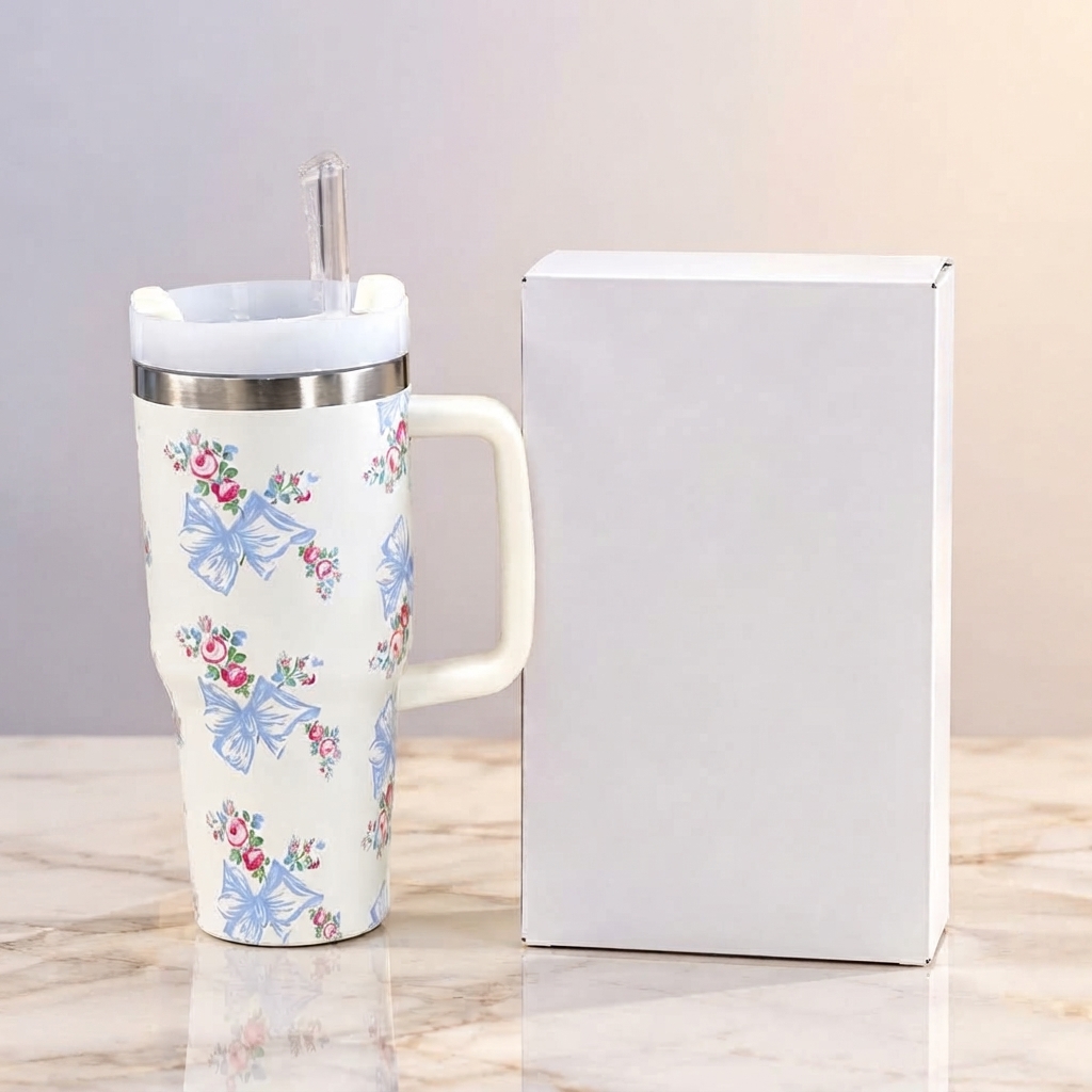 Stanley Style White Floral Print Tumbler - Drinkware Accessory Designed For Liquid Hydration And Daily Travel Routine - 600ml view 2