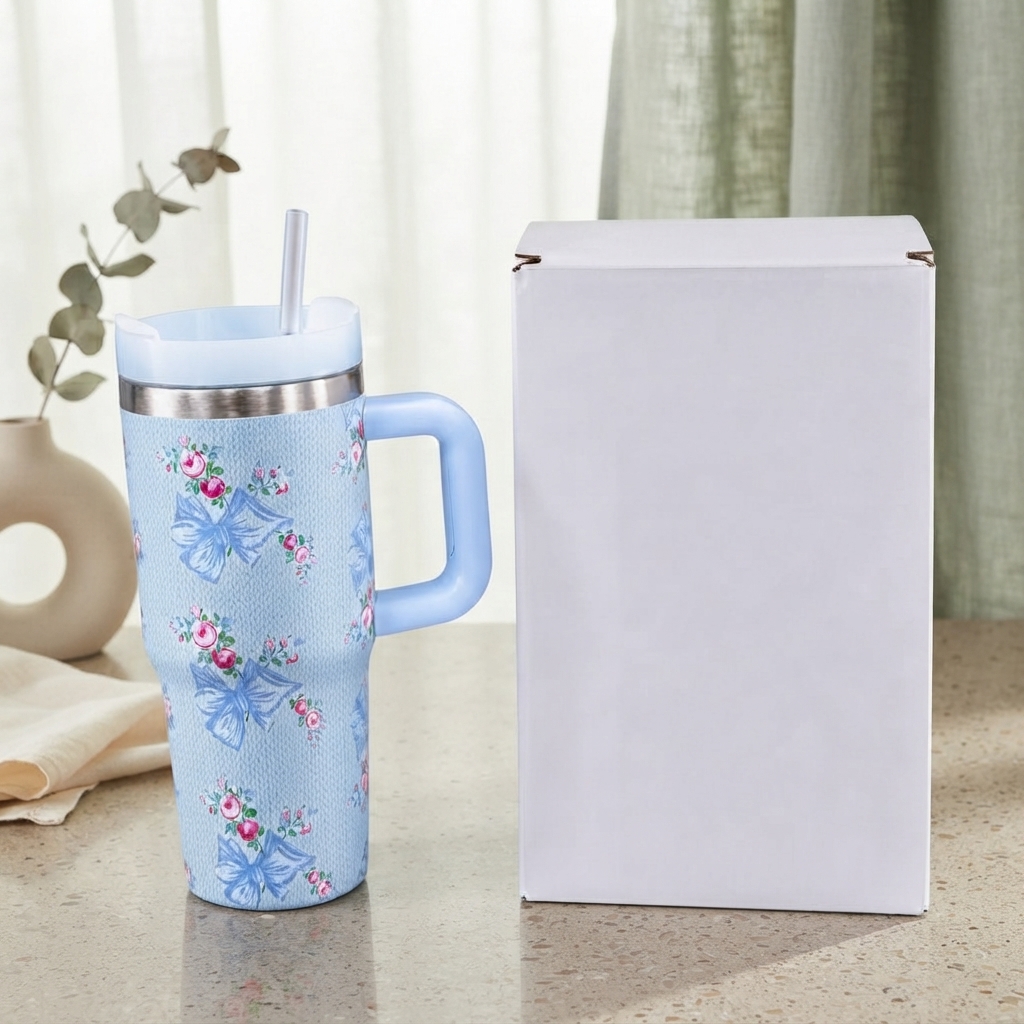 Stanley Style Blue Floral Print Tumbler - Drinkware Accessory Designed For Liquid Hydration And Daily Travel Routine - 600ML view 2