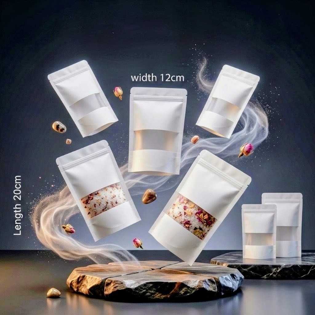 White Kraft Paper Stand-Up Zip Lock Bag with Transparent Window for Food & Cosmetic Storage view 2