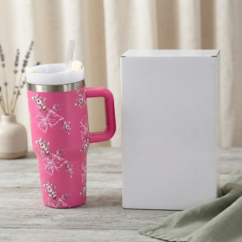 Floral Print Insulated Travel Tumbler with Handle and Straw - Buy Online in Pakistan at Zenbu Store