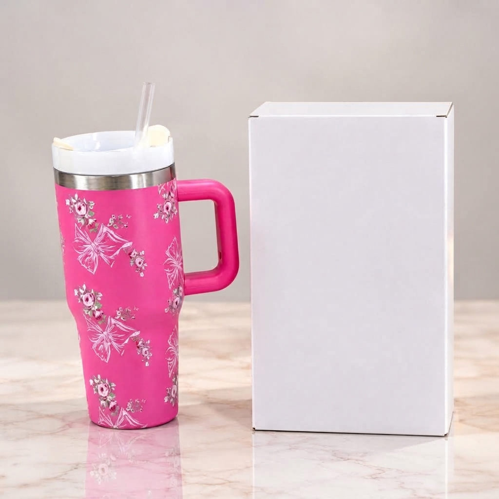 Stanley Style Floral Print Tumbler - Drinkware Accessory Designed For Liquid Hydration And Daily Travel Routine - Pink 600ml view 3