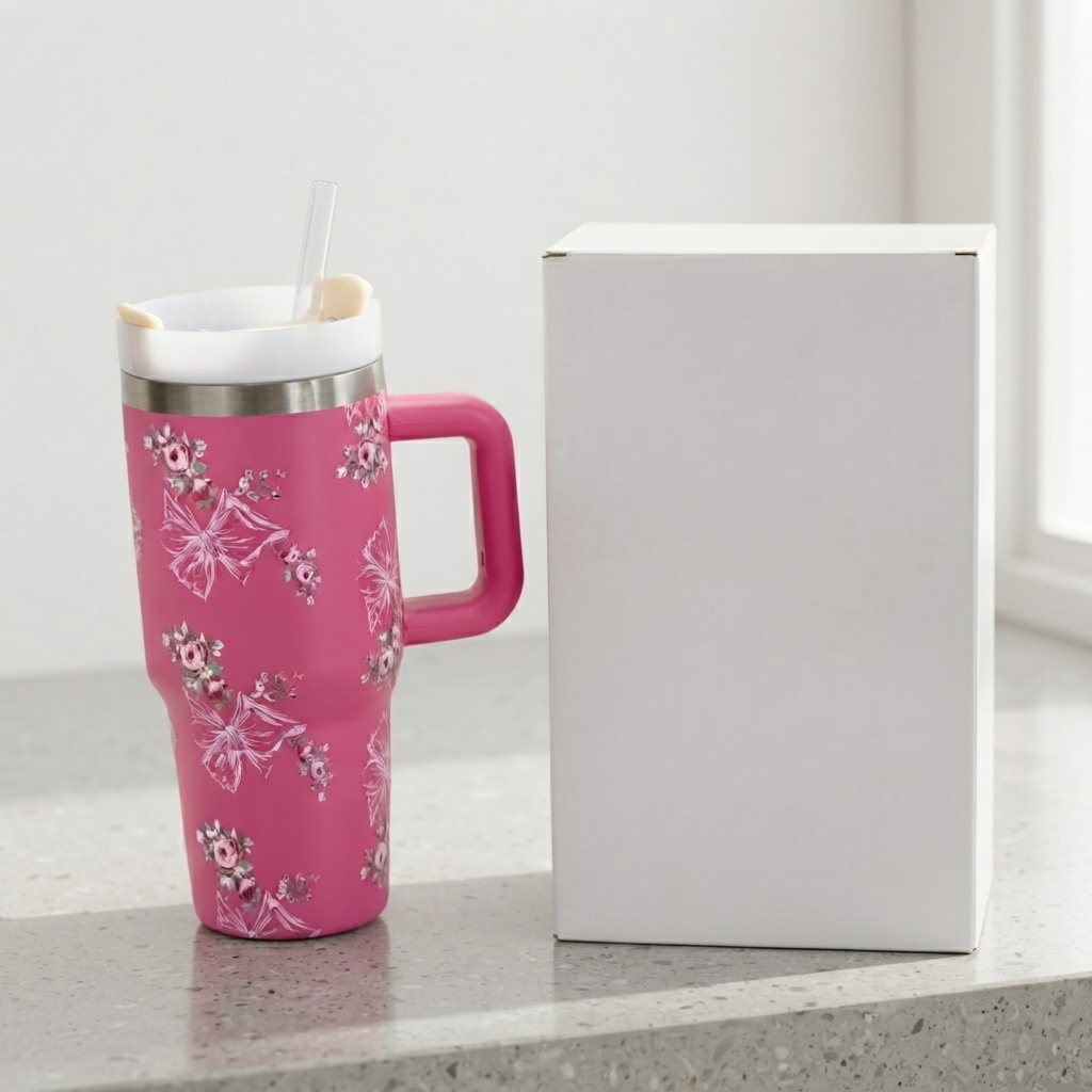 Stanley Style Floral Print Tumbler - Drinkware Accessory Designed For Liquid Hydration And Daily Travel Routine - Pink 600ml view 2