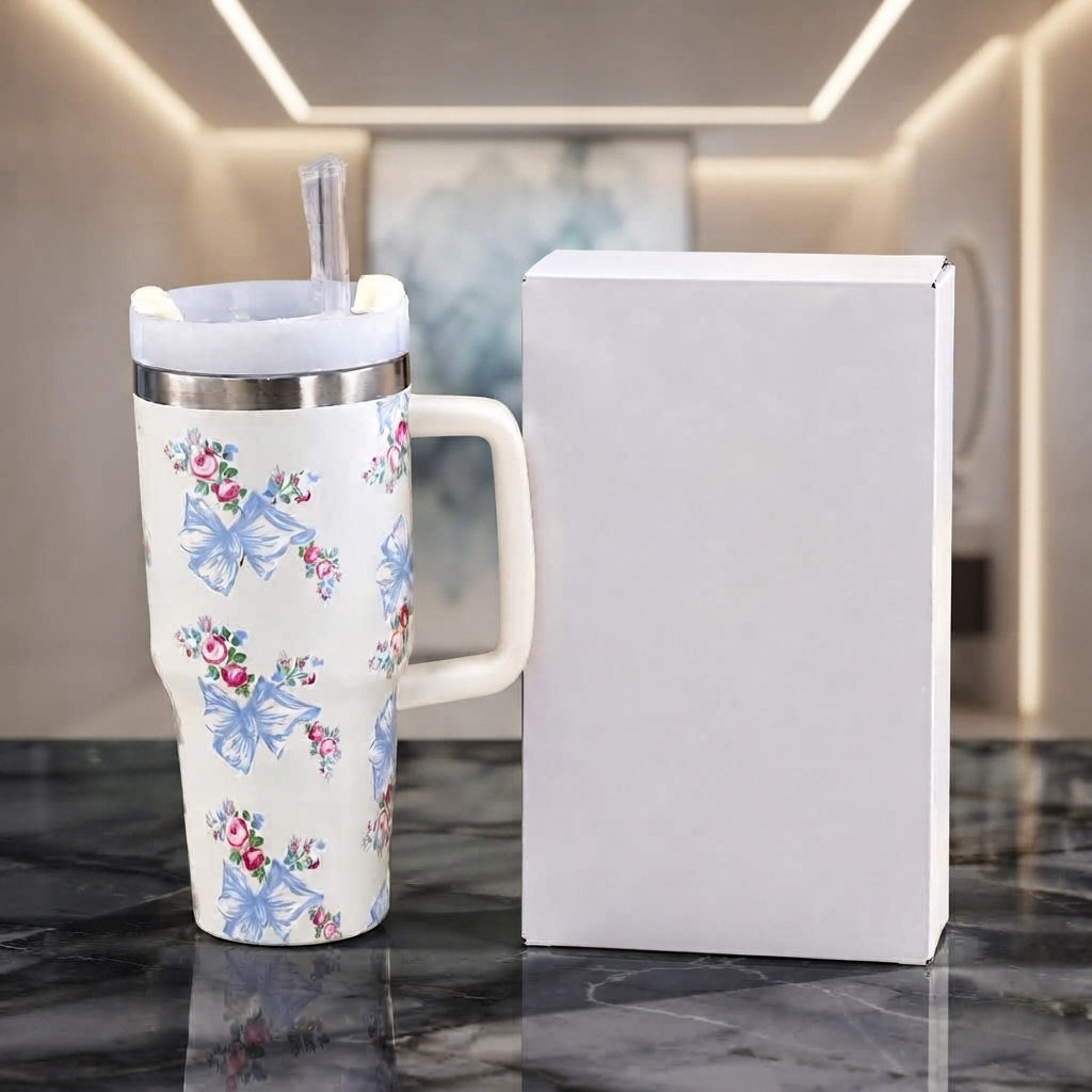 White Floral Print Insulated Travel Tumbler with Handle and Straw - Buy Online in Pakistan at Zenbu Store