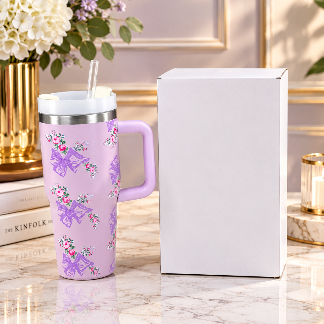 Stanley Style Lavender Floral Print Tumbler - Drinkware Accessory Designed For Liquid Hydration And Daily Travel Routine - 600ML