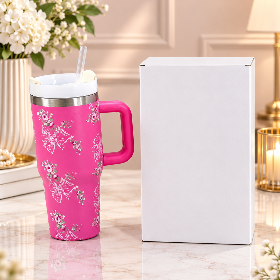 Stanley Style Floral Print Tumbler - Drinkware Accessory Designed For Liquid Hydration And Daily Travel Routine - Pink 600ml