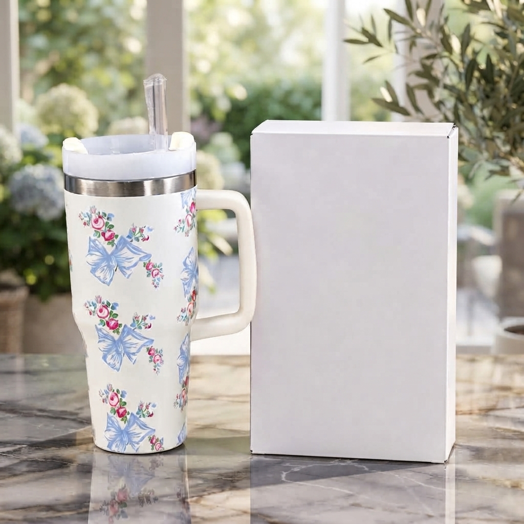 Stanley Style White Floral Print Tumbler - Drinkware Accessory Designed For Liquid Hydration And Daily Travel Routine - 600ml view 3