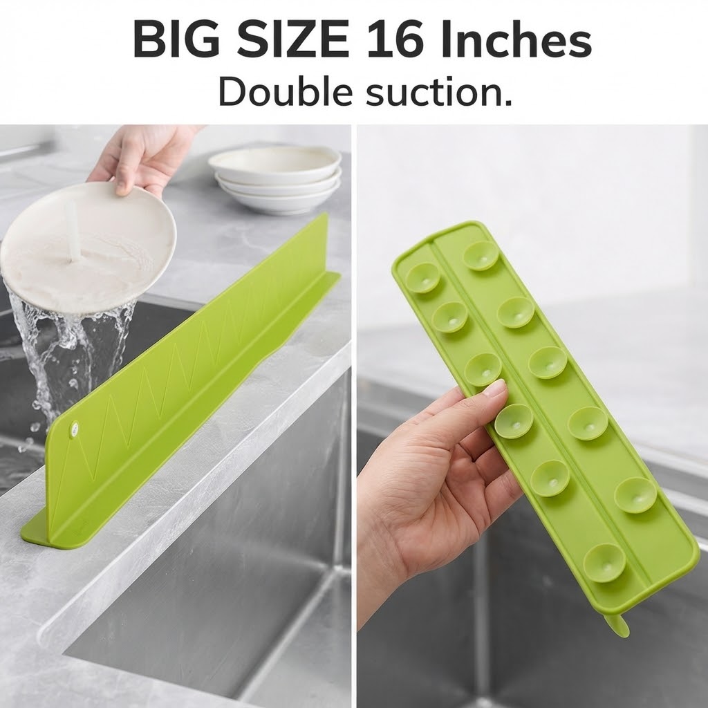 16-Inch Sink Splash Guard – Green Double-Suction Water Barrier