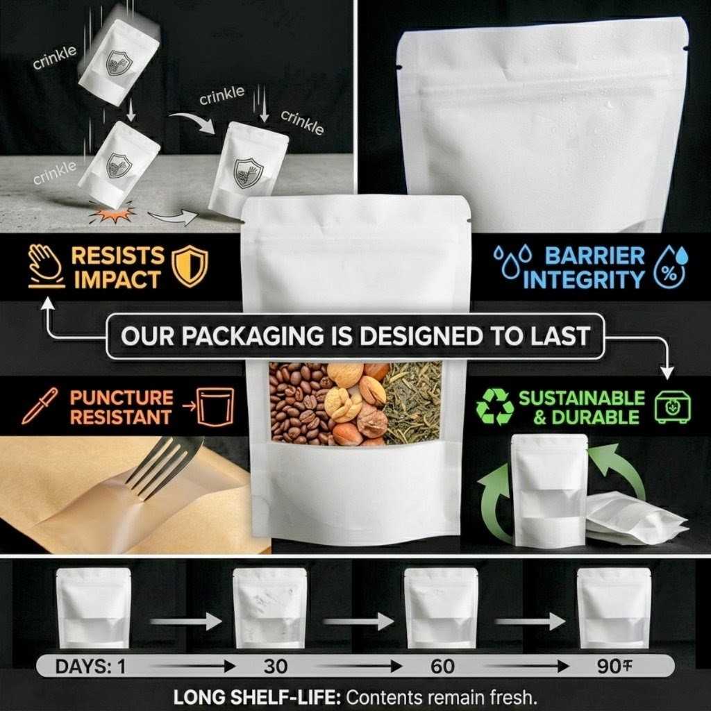 White Kraft Paper Stand-Up Zip Lock Bag with Transparent Window for Food & Cosmetic Storage