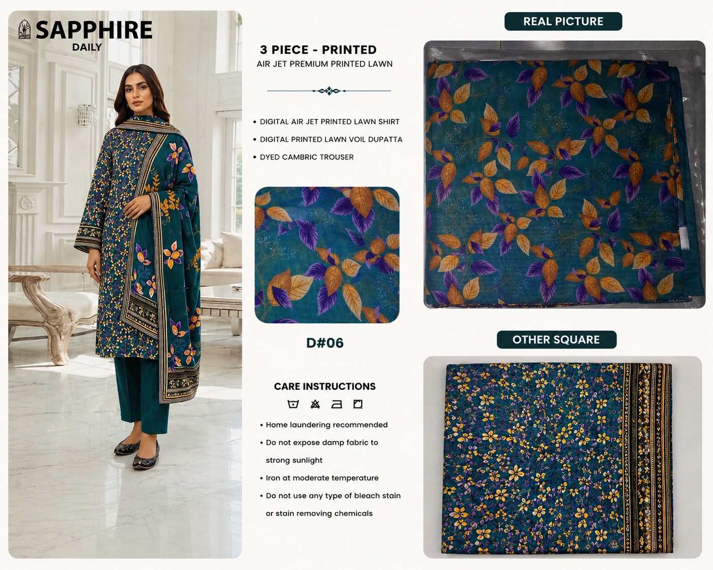 SAPPHIRE - 3 Pcs Printed Lawn Suit - Apparel Accessory Designed For Fashion Styling And Daily Wardrobe Routine thumbnail 3