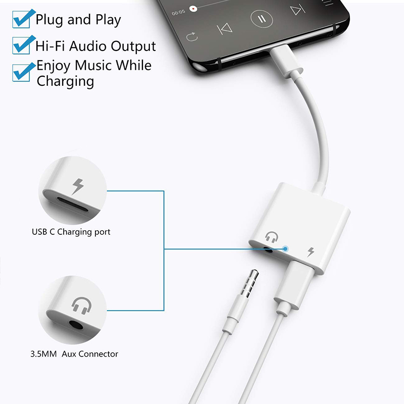 USBType C to 3.5mm Audio Adapter With Charging Port 2 in 1 Dual Port Aux Headphone Jack Connector For Type-C Models | Earphone Converter Aux Cable With Type-C Charging Jack Headset Splitter Music Converter - High Quality thumbnail 5