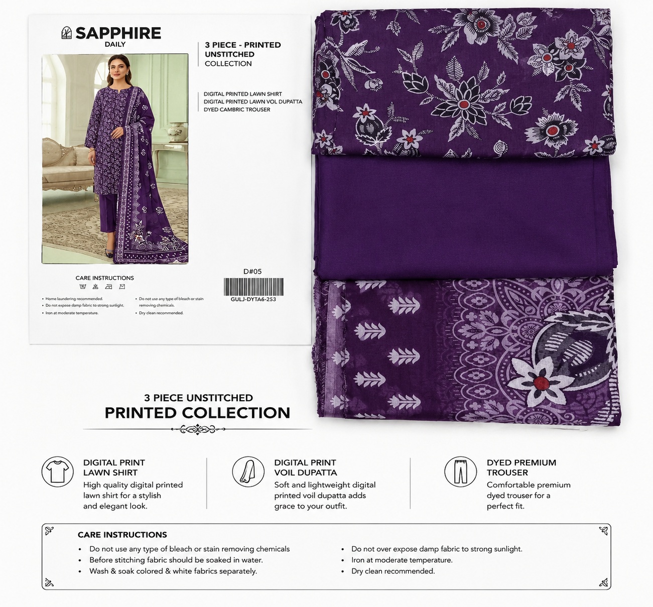SAPPHIRE - 3 Pcs Printed Lawn Suit Unstitched - Apparel Accessory Designed For Fashion Styling And Daily Wardrobe Routine thumbnail 3