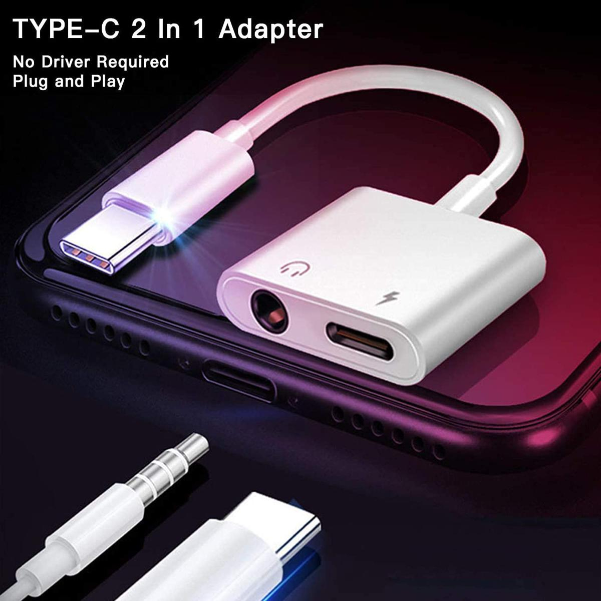 USBType C to 3.5mm Audio Adapter With Charging Port 2 in 1 Dual Port Aux Headphone Jack Connector For Type-C Models | Earphone Converter Aux Cable With Type-C Charging Jack Headset Splitter Music Converter - High Quality thumbnail 2