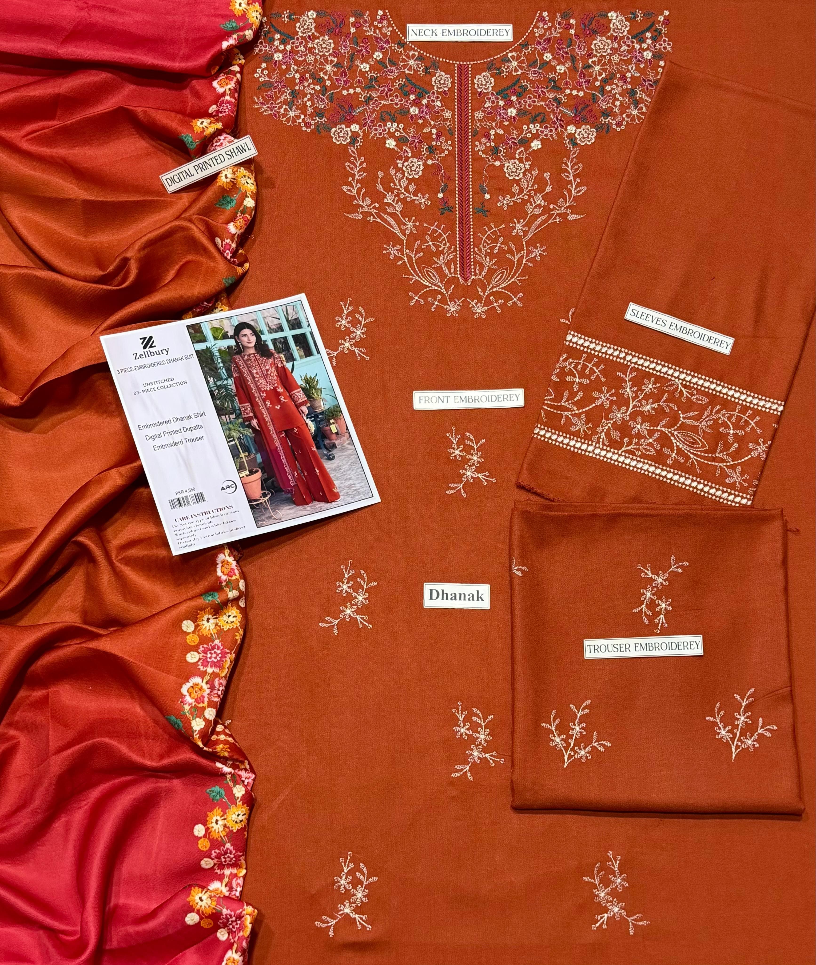Zellbury 3-Piece Embroidered Dhanak Suit - Apparel Accessory Designed For Fashion Styling And Daily Wardrobe Routine thumbnail 4