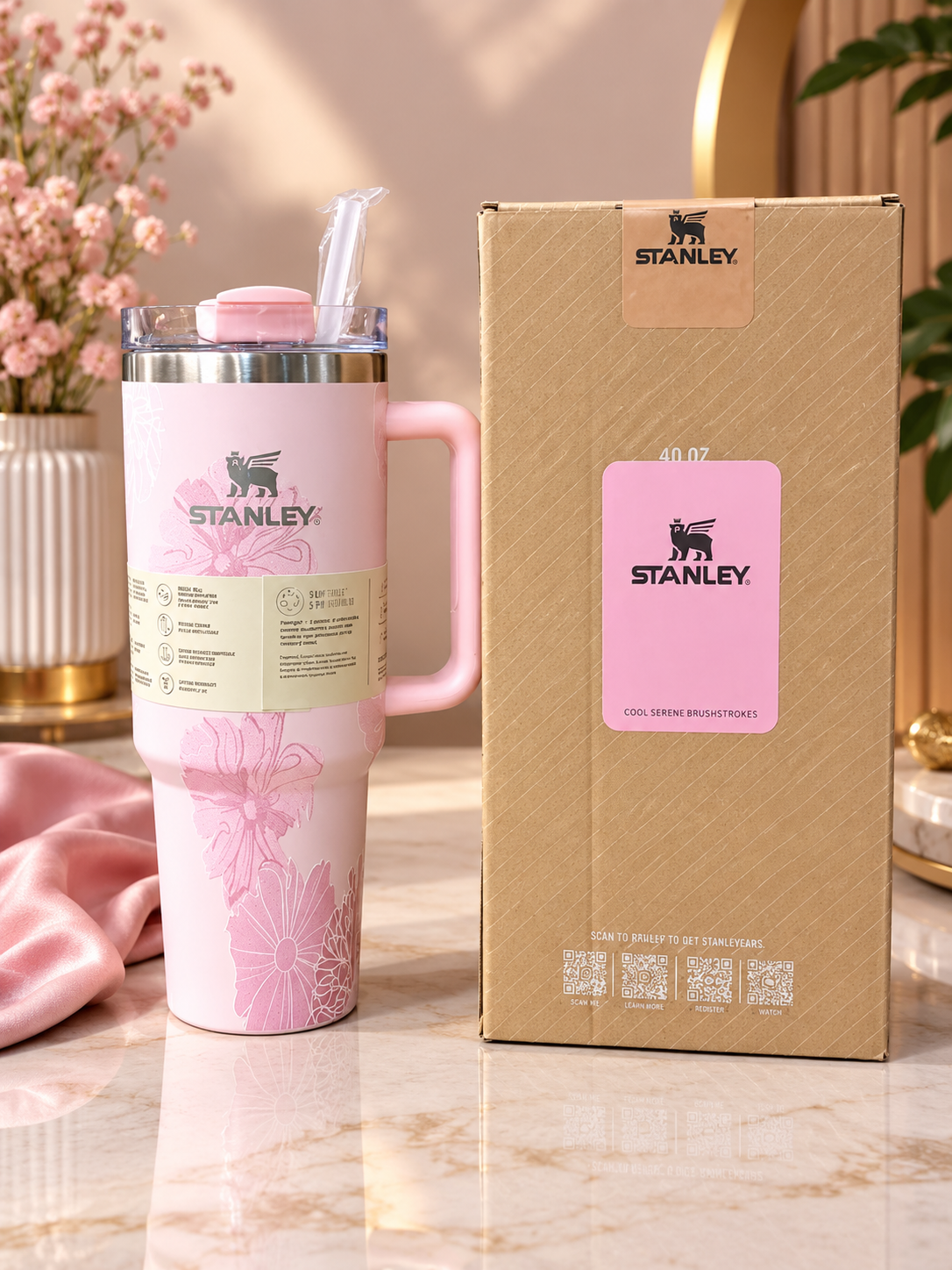 Stanley Style 40oz (1200ml) Pink Floral Tumbler thumbnail 2