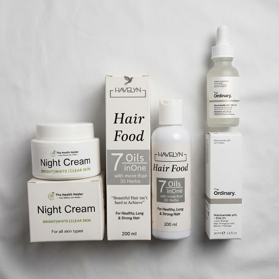 3 in 1 Skin Care, Hair Care Bundle - Hair Oil, Night Creams and Niacinamide Serum
