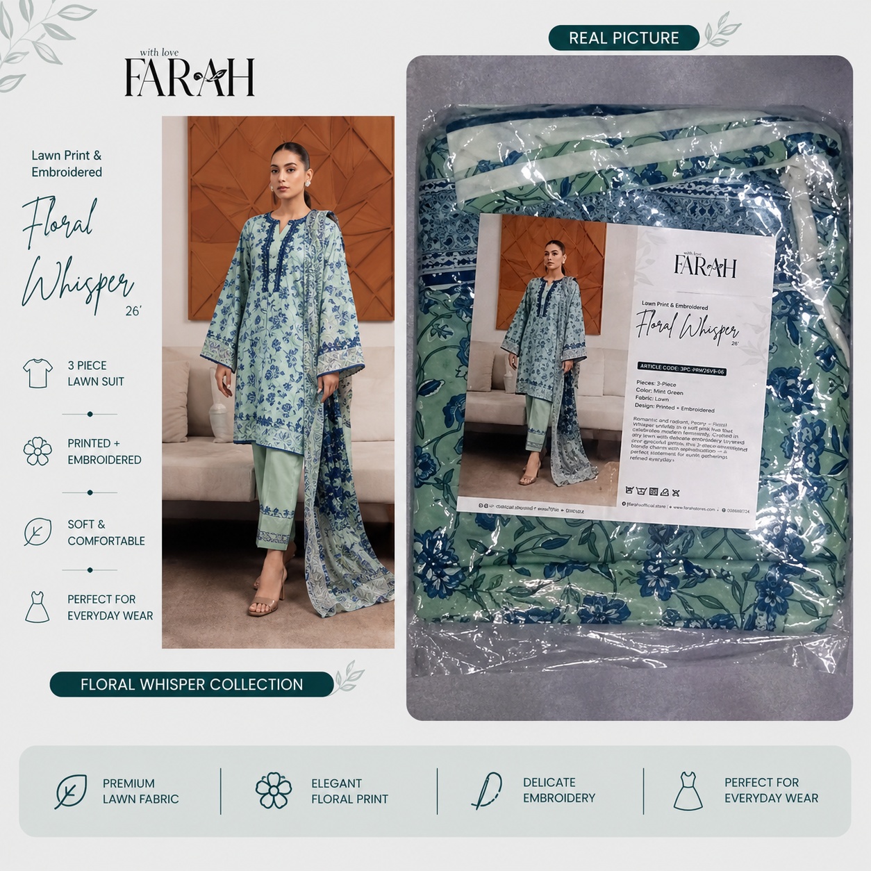 Farah Printed 3-Piece Lawn Suit with Printed Dupatta thumbnail 3
