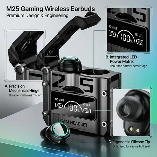 M25 Wireless Headphones Earphones Bluetooth Touch Control Noise Reduction Stereo Waterproof Earbuds Headset (Black) thumbnail 3