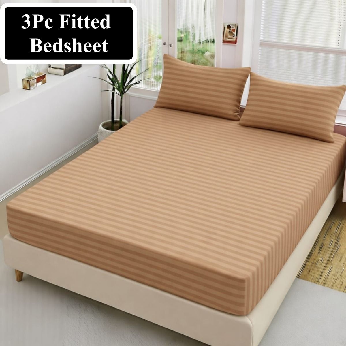 Luxury China Cotton Satin Striped Fitted Sheet Set with 2 Pillow Covers thumbnail 3