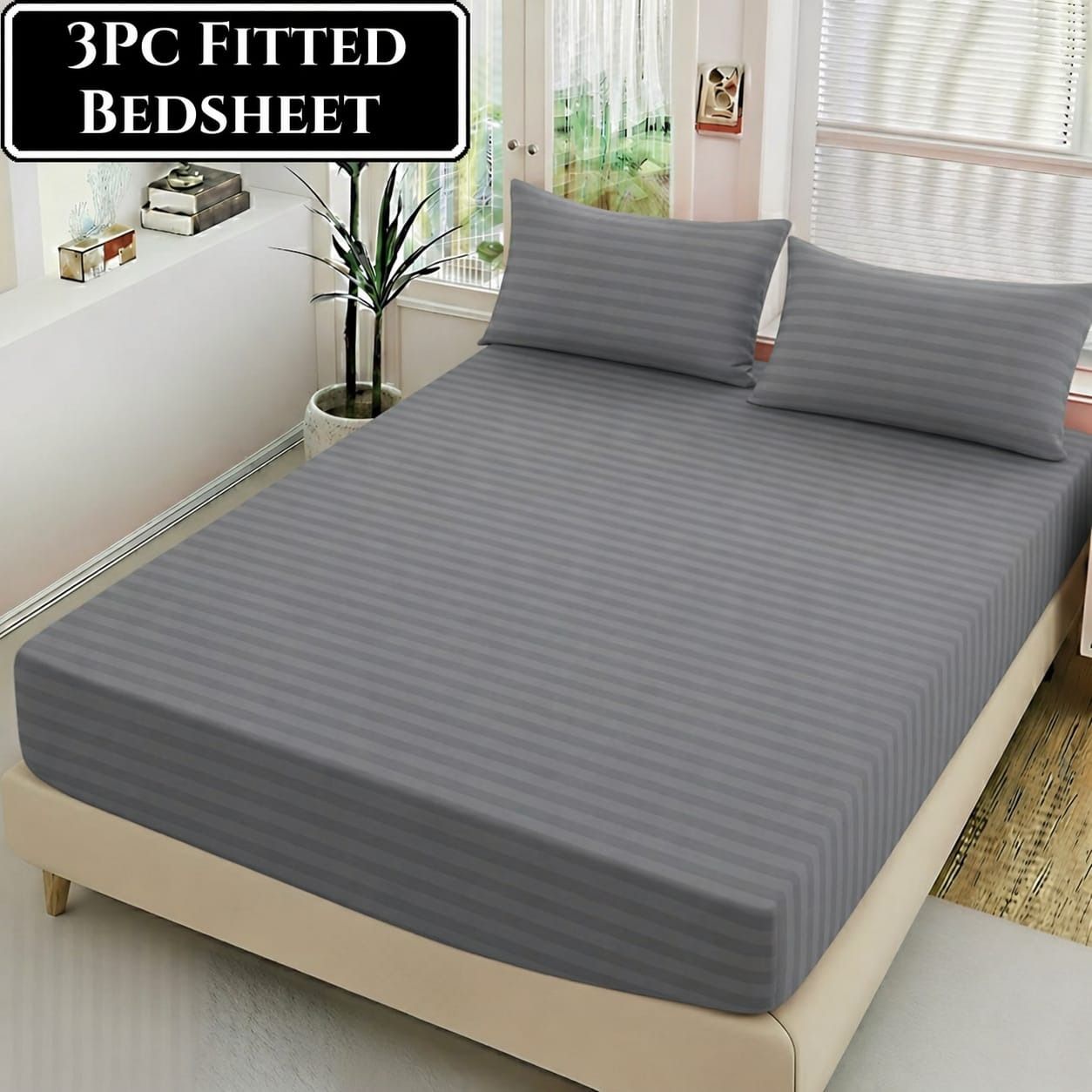 Luxury China Cotton Satin Striped Fitted Sheet Set with 2 Pillow Covers thumbnail 2