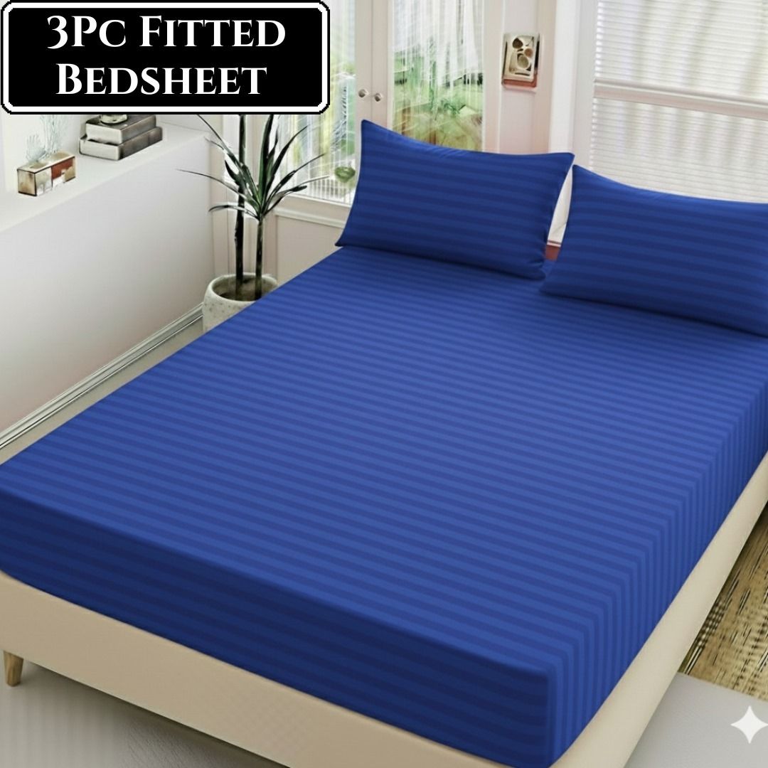 Luxury China Cotton Satin Striped Fitted Sheet Set with 2 Pillow Covers